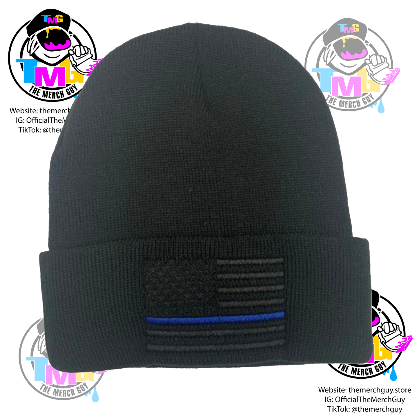 USA Flag Blue Line Embroidered Beanie - Police Beanie, Blue Line Beanie