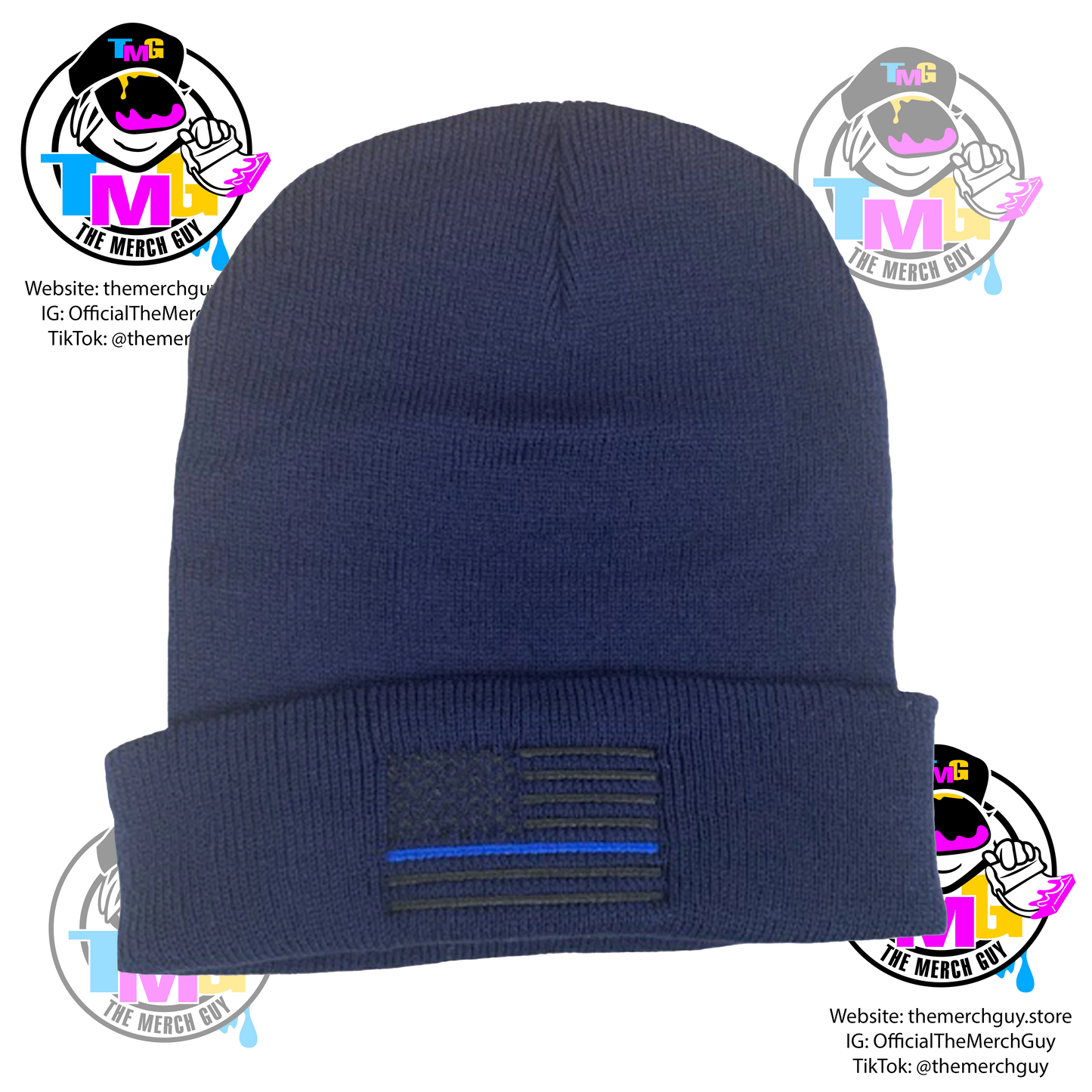 USA Flag Blue Line Embroidered Beanie - Police Beanie, Blue Line Beanie