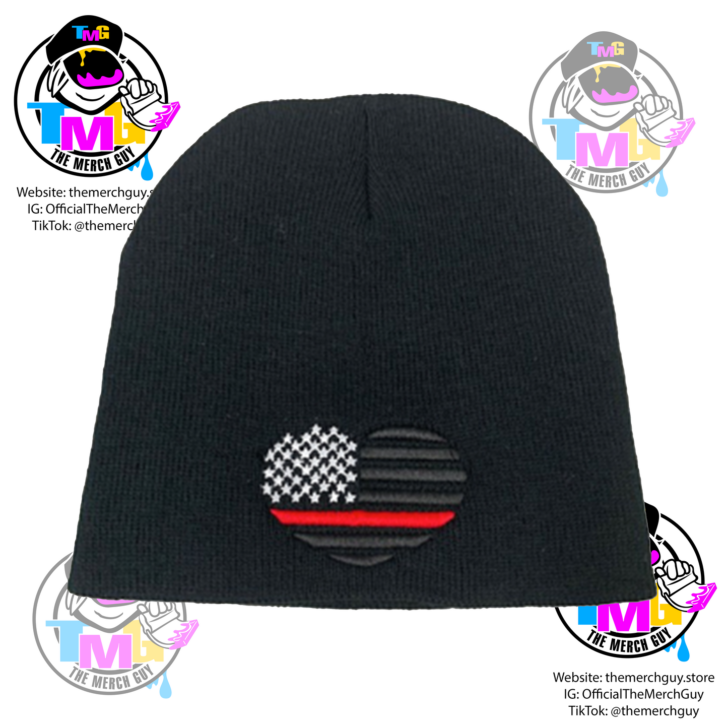 USA Flag Heart Embroidered Beanie, Blue Line, Red Line, Gold Line