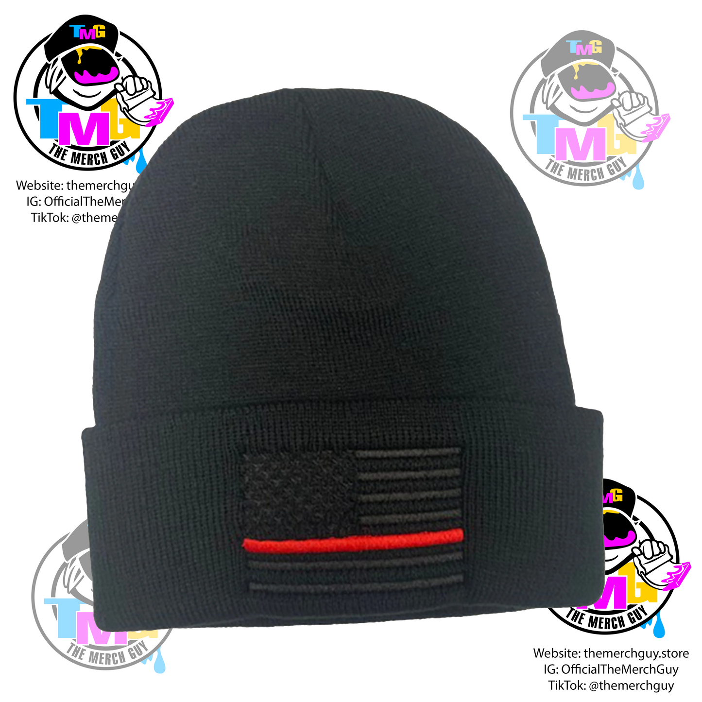 USA Flag Red Line Embroidered Beanie - Fire Fighter, Firefighter, Thin Red Line, Red Line, Hose Dragger