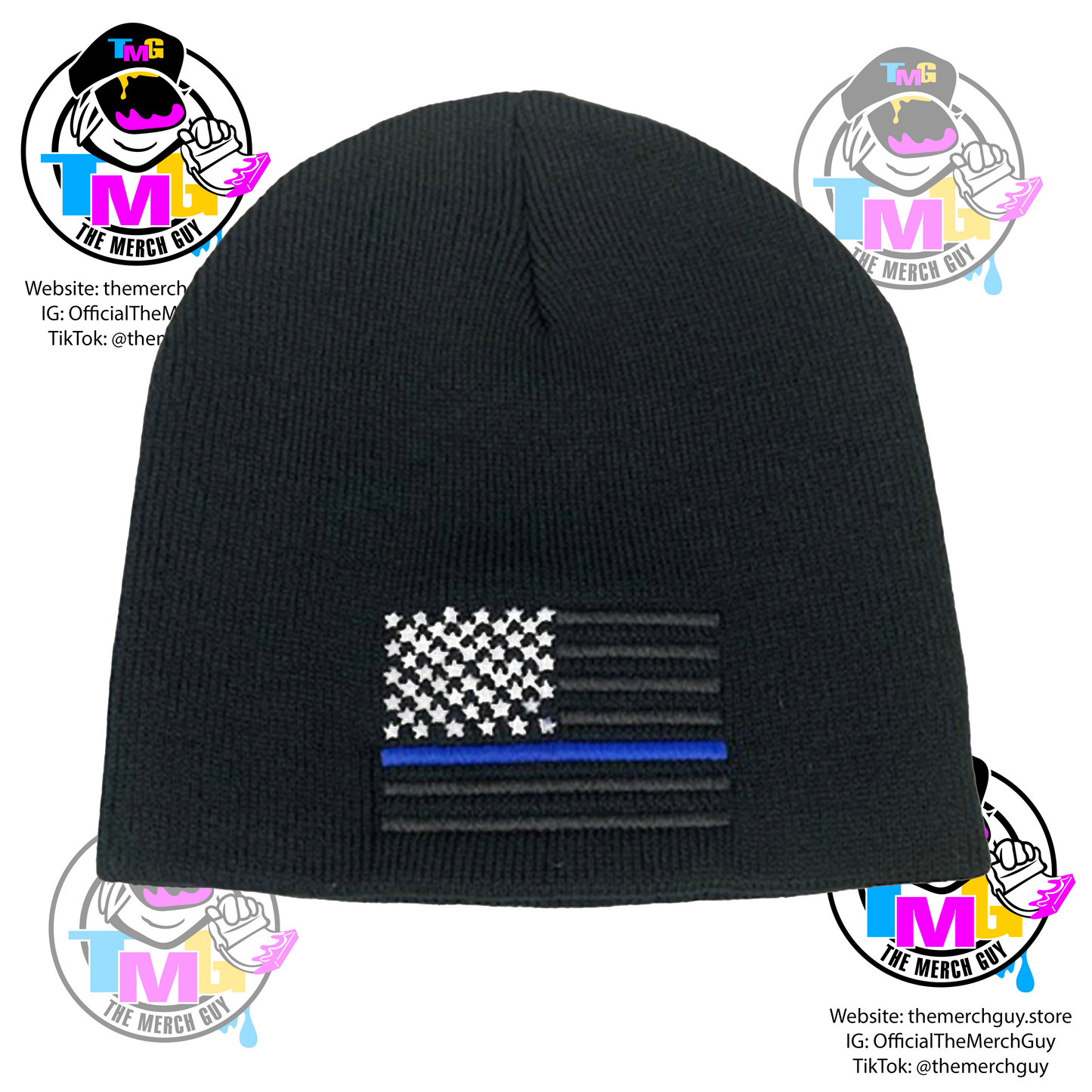 USA Flag Blue Line Embroidered Beanie - Police Beanie, Blue Line Beanie