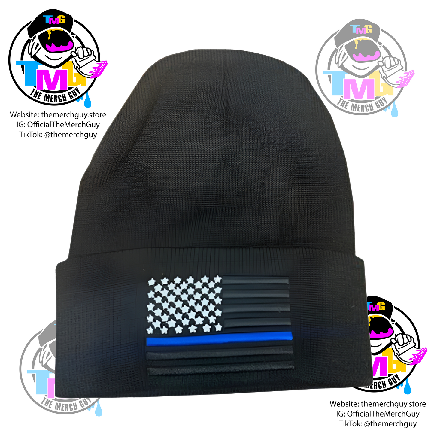 USA Flag Blue Line Embroidered Beanie - Police Beanie, Blue Line Beanie