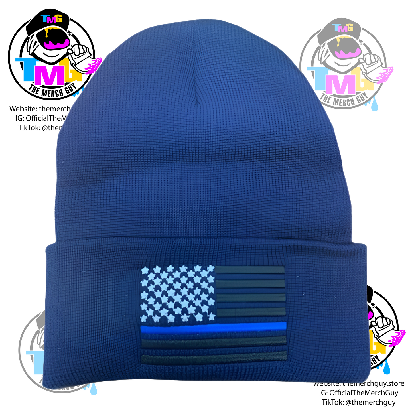 USA Flag Blue Line Embroidered Beanie - Police Beanie, Blue Line Beanie