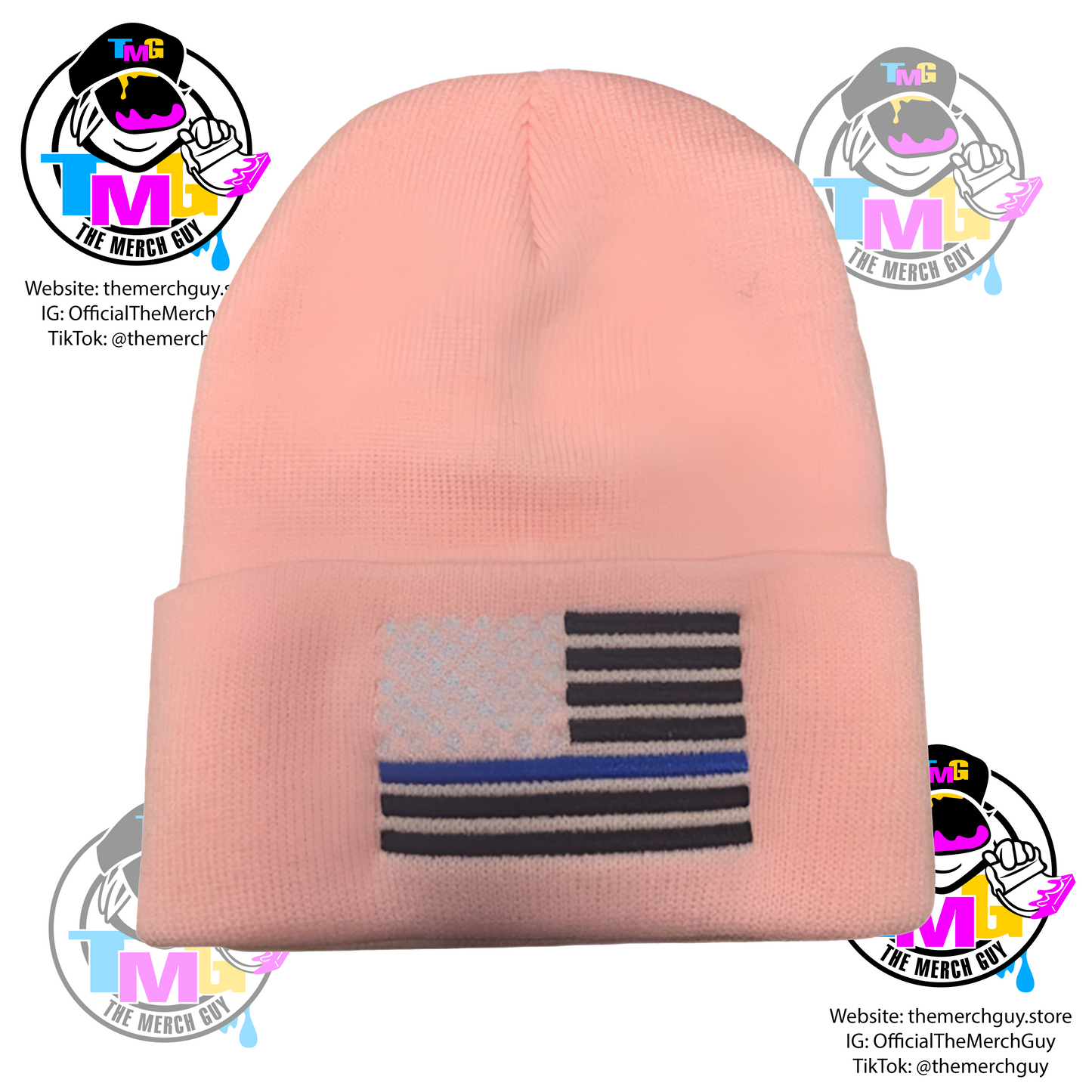 USA Flag Blue Line Embroidered Beanie - Police Beanie, Blue Line Beanie