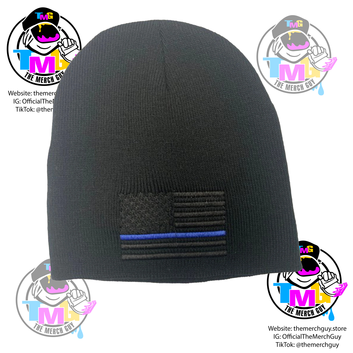 USA Flag Blue Line Embroidered Beanie - Police Beanie, Blue Line Beanie