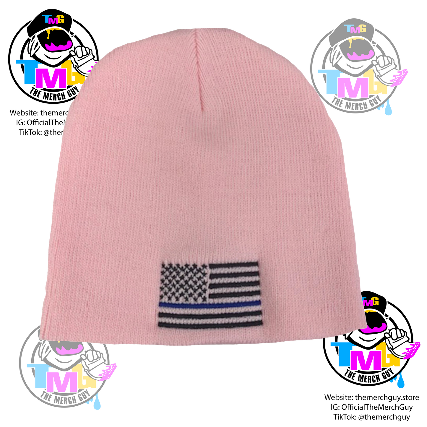 USA Flag Blue Line Embroidered Beanie - Police Beanie, Blue Line Beanie