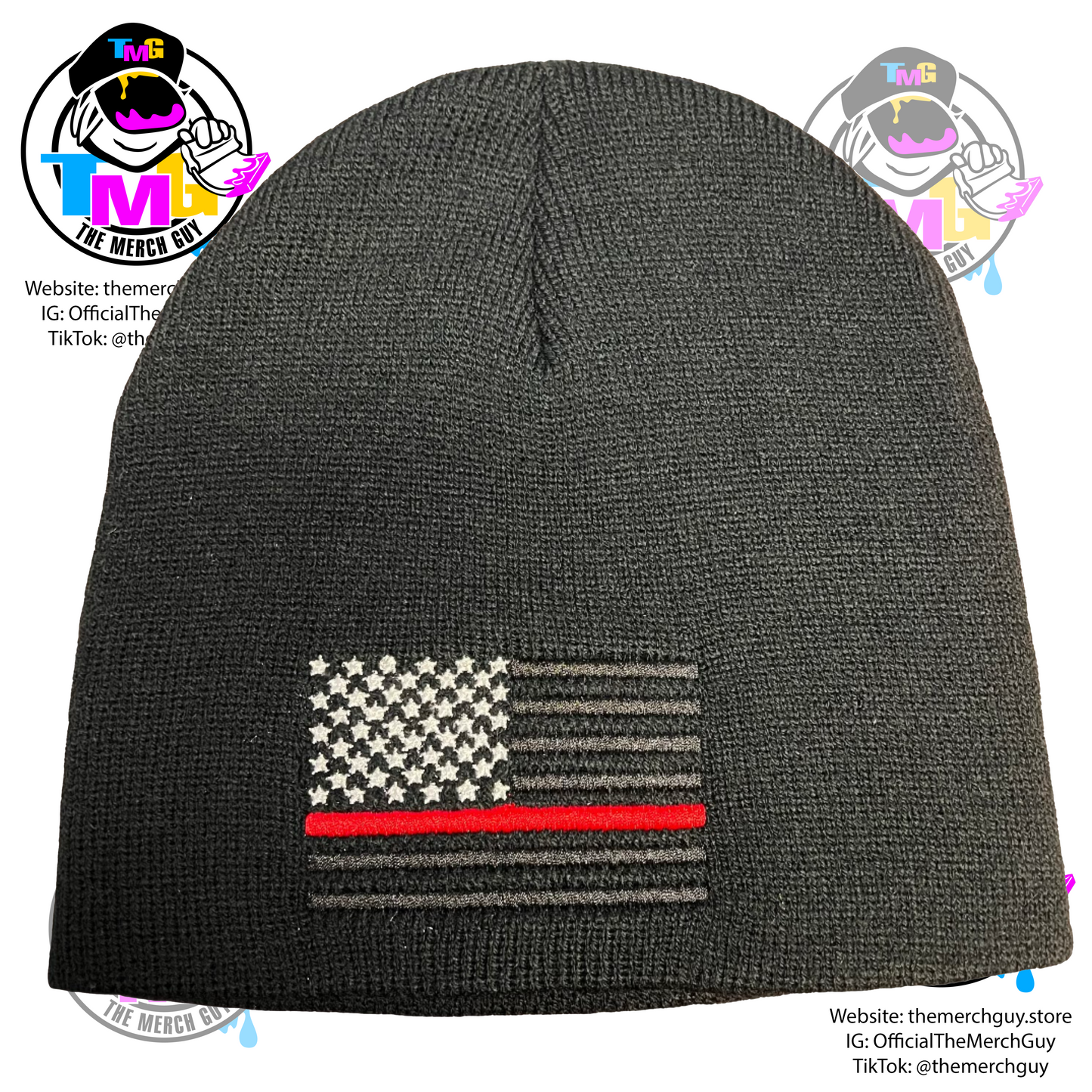 USA Flag Red Line Embroidered Beanie - Fire Fighter, Firefighter, Thin Red Line, Red Line, Hose Dragger