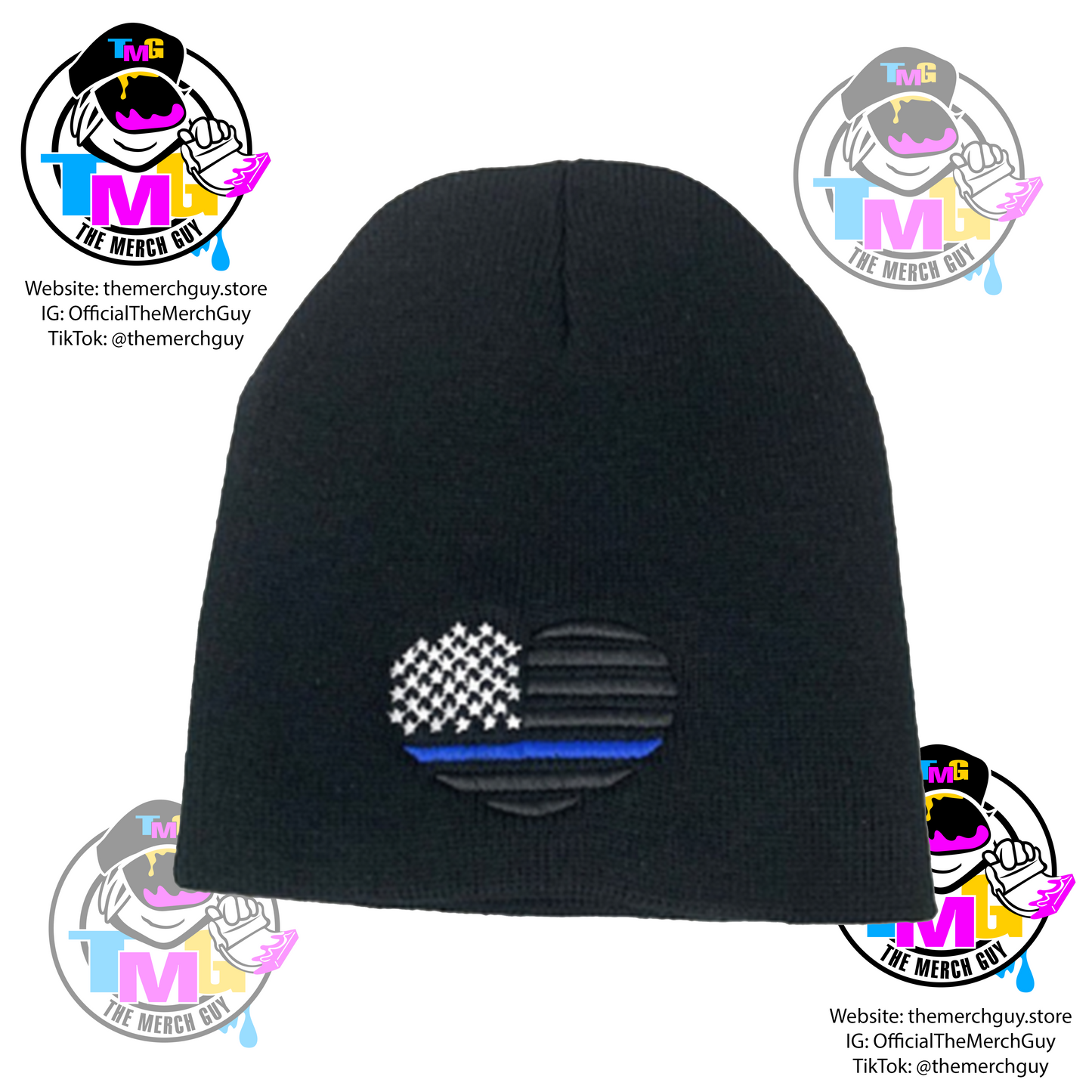 USA Flag Heart Embroidered Beanie, Blue Line, Red Line, Gold Line