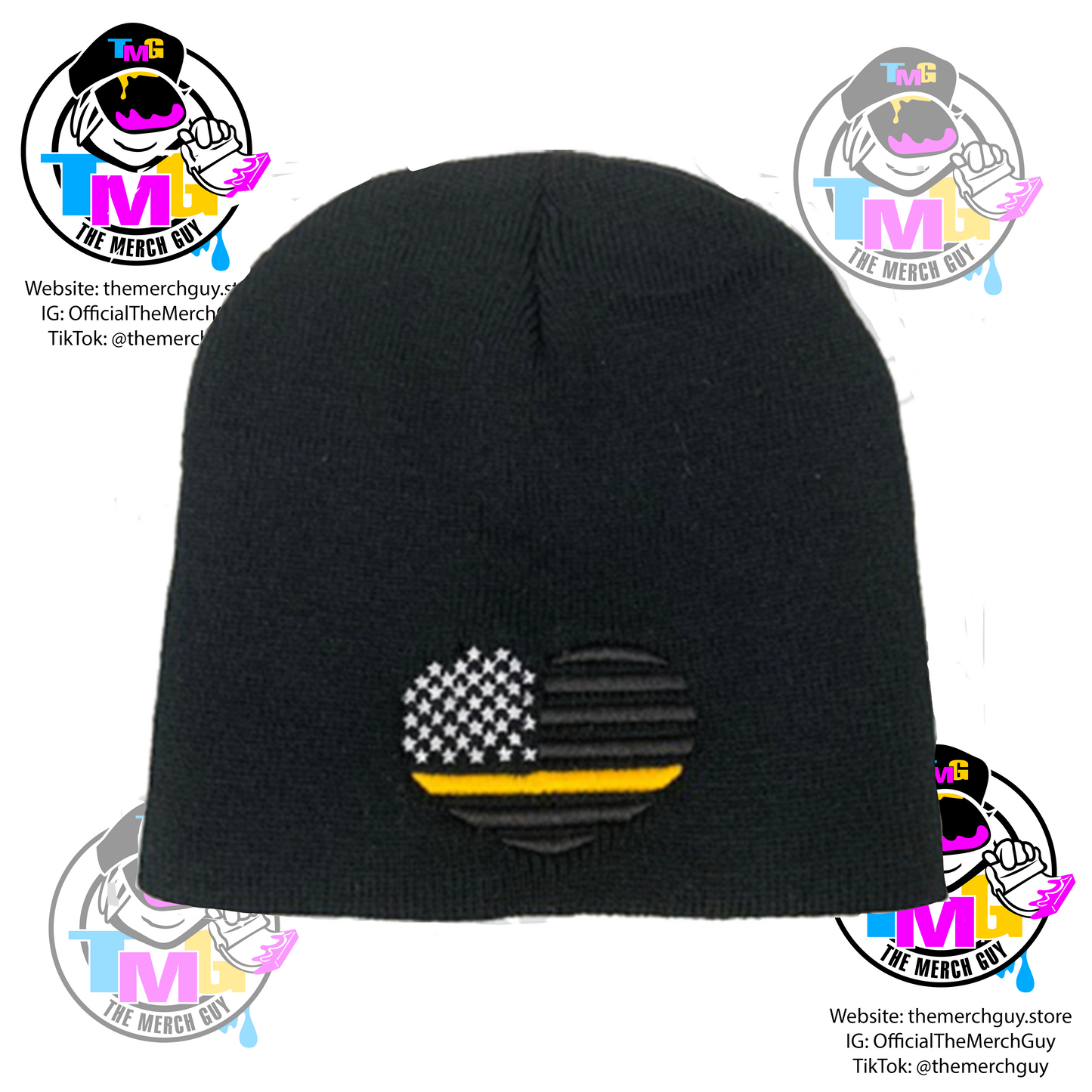 USA Flag Heart Embroidered Beanie, Blue Line, Red Line, Gold Line