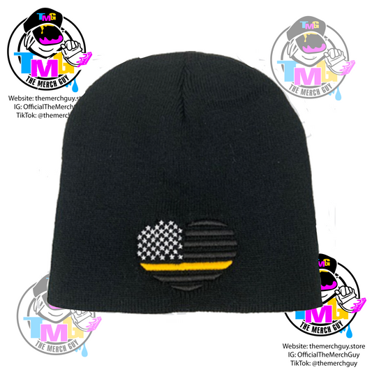 USA Flag Heart Embroidered Beanie, Blue Line, Red Line, Gold Line